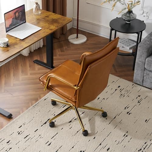 MOJAY Office Chair, Leather Desk Chair, Brown Desk Chair, Mid Century Modern Office Chair, Swivel Comfy Upholstered Wide Seat Chair with Gold Legs and Armrests for Home, Office (Camel&Golden) 7