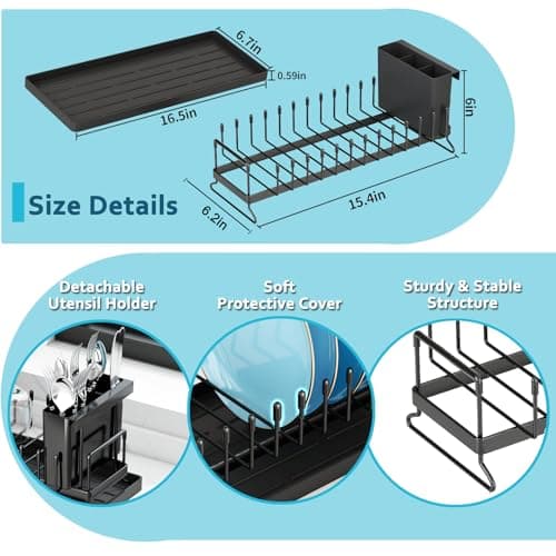 ANTOPY Small Dish Drying Rack - Compact Dish Rack for Kitchen Counter with Silicone Dish Drying Mat, Stainless Steel Dish Drainer for Kitchen Sink Cabinet, Space Saving Plate Rack Cutlery Holder 6