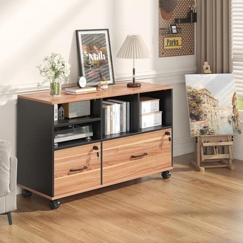 Nosepen 2 Drawer Wood Mobile Large Lateral File Cabinet with Lock, Lockable Rolling Filing Cabinet with Storage Shelves, Printer Stand Office Storage Cabinet for Home Office Fits Files Legal/A4 8