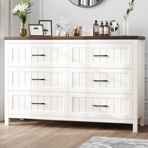 Jocoevol Farmhouse Dresser 6 Drawer Dresser for Bedroom, Large Wooden Dressers Double Grey Dresser with Deep Drawers Dressers for Hallway, Entryway (White and Brown)