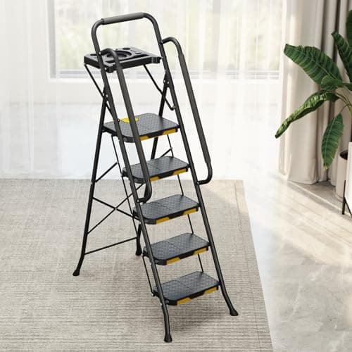KINGRACK 5 Step Ladder, Sturdy Steel Step Stool with Anti-Slip Wide Pedals, Handrail, Safe-Lock Design, 800lbs Folding Portable Ladder for Multi-Purpose, Home, Kitchen 8