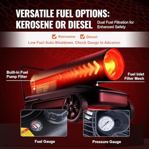 VEVOR Kerosene Forced Air Heater, 215000 BTU Portable Torpedo Diesel Space Heater with Thermostat, 13.2 Gallon Tank Energy-Efficient heavy-duty Heater, for Indoor Outdoor Use Workshop Industry 4