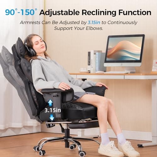 COMHOMA Big and Tall Office Chair Heavy Duty Wide Ergonomic Gaming Chair with Deluxe Embossing Designed Leather with Foot Rest,150°Reclining Adjustable Armrests Pocket Spring Back Support and Pillow 7