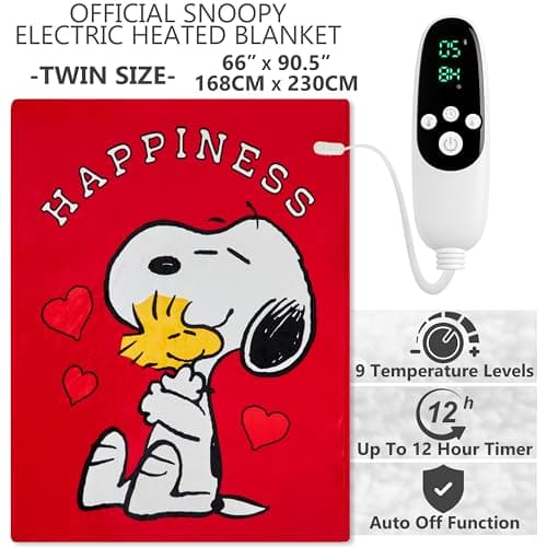 Get Trend Peanuts Snoopy Heated Blanket Electric, Twin Size Luxurious Fleece Blanket, 9 Heat Settings Auto Shut-Off, 65x90in, Gifts for Mom, Grandma, Grandpa (Red Snoopy, Twin US) 2