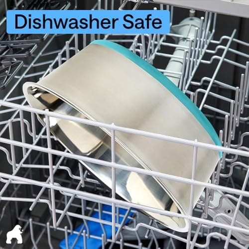 GORILLA GRIP Dog Bowls, Food Grade 304 Stainless Steel Holds 2 Cups Each (16 fl oz) Food and Water Bowl for Feeding Dogs and Cats Dishwasher Safe Rust Resistant BPA Free Rubber Base Set of 2 Turquoise 8