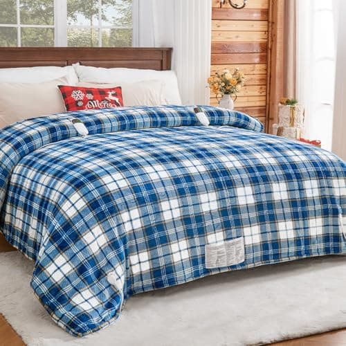 Heated Electric Blanket Queen Size, 84X90 Heating Blanket Queen with Dual Control&10 Heats Levels&Timer for Bed,Blue Plaid Sherpa Soft Blankets Warmer Gift for Grandma Women Adults, Washable
