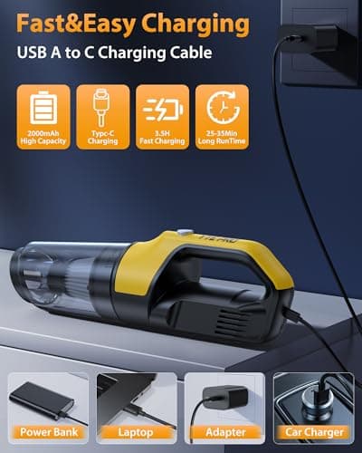 YTE PRO Handheld Vacuum Cordless 1.1 Pounds Car Vac 10000PA Hand Held Vacuums 4-in-1 Hand Vac Cordless Rechargeable HEPA Filter Large Capacity Dust Cup for Car Office Home Pets Hair (Yellow＆Black) 5