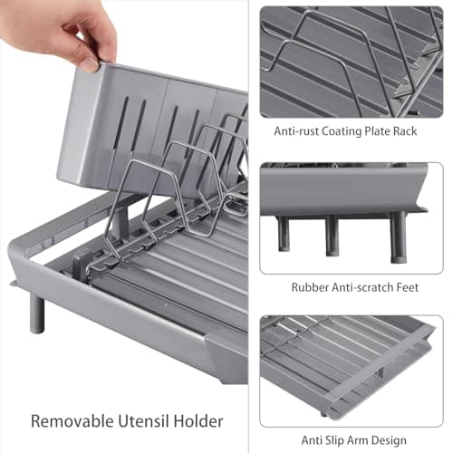 AIDUWANFU Small Expandable Dish Drying Rack, Adjustable Dish Drainer for Kitchen Counter or in Sink, Stainless Steel Drying Dish Rack, Compact Dish Rack with 3 Slots Utensil Holder,Gray 7