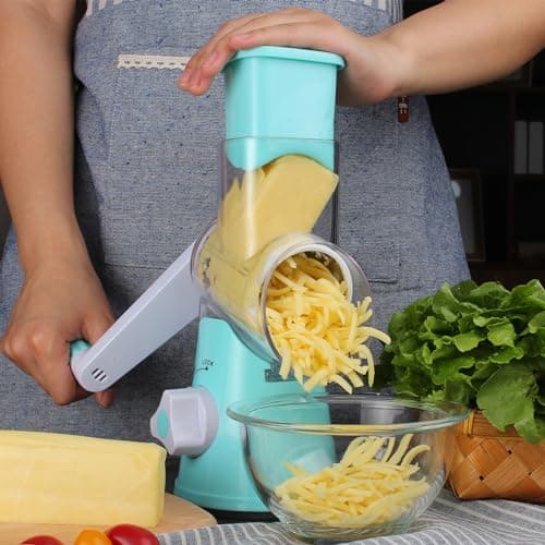 Cambom Rotary Cheese Grater Hand Crank Cheese Shredder for Fresh Cheese, Vegetable, Nuts,Non-slip Suction Base, Free Cleaning Brush Three Blades, Blue 9