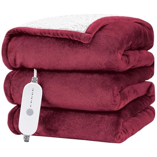 HYLEORY Heated Electric Blanket Twin 62"x84" Soft Fleece & Flannel with 5 Heating Levels & 10 Hours Timer Auto Shutt Off, ETL Certified, Washable，Heated Blanket for Body-Red