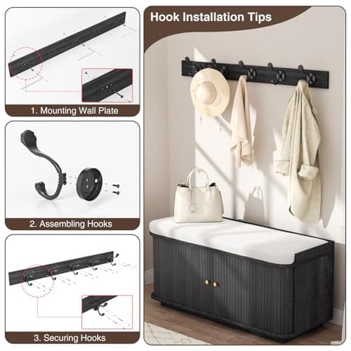 AKMAKM 39.4" Shoe Storage Bench Dark Grey | Entryway Storage Bench with Sliding Doors, Padded Cushion & 5 Metal Wall Hooks for Hallway, Living Room 8