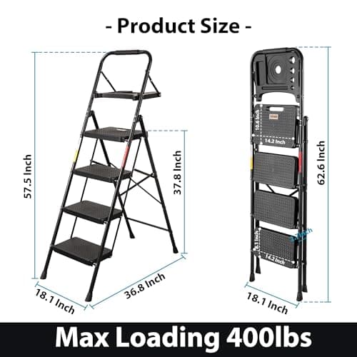 BONTEC 4-Step Ladder, 400lbs Max Load, Folding Step Stool with Tool Tray, Anti-Slip Pedals, Sturdy Steel, Lightweight Portable Ladder with Handrail for Home & Work Use, Black 7
