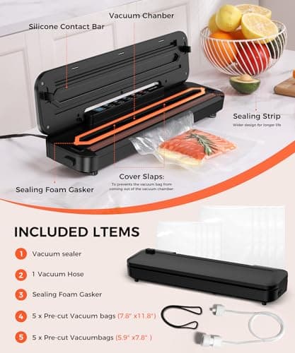 Vacuum Sealer Machine,75Kpa Precision Suction Power 6-in-1 Food Sealer with Digital Timer, Dry & Moist Food Modes, Compact Design with 10 Vacuum Bags & Bulit-in Cutter (Black) 6