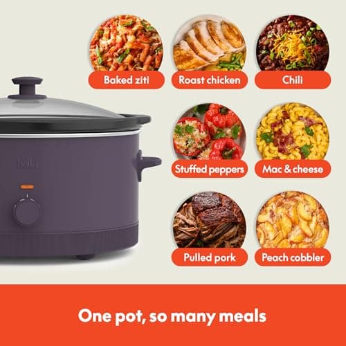 bella 6.0 Qt Manual Slow Cooker, Ceramic Nonstick Coating, 3 Temperature Settings, Dishwasher Safe Stoneware Pot and Tempered Glass Lid, Cool Touch Handles & Tangle Free Cord Wrap, Plum 5