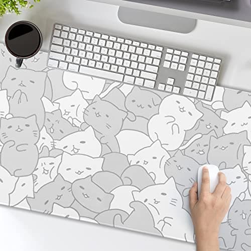 aportt White Kawaii Cats Gaming Mouse Pad XL Cute Anime Kittens Japanese Extended Big Large Desk Mat Non-Slip Rubber Base Stitched Edge Long Keyboard Mousepad for PC Computer Laptop,31.5×11.8 Inches 6
