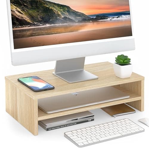 FITUEYES Monitor Stand - 2 Tier Computer Monitor Riser Shelf, Wood Desktop Stand for Laptop Computer Screen, Desk Organization, Office Supplies