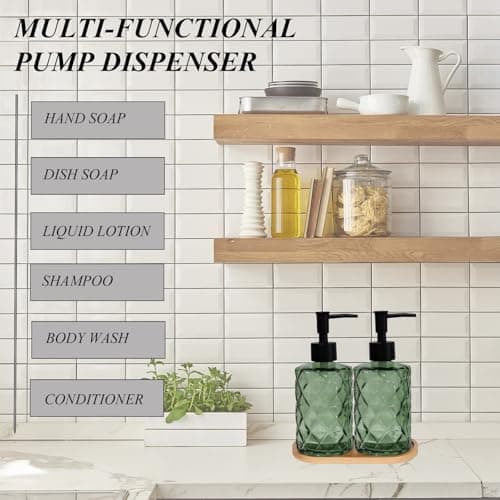 Glass Hand and Dish Soap Dispenser Set of 2 with Plastic Pumps, Bamboo Tray, 12oz Green Bathroom Soap Dispenser with Diamond for Hand Wash & Dish Wash, Ideal for Bathroom Kitchen Countertop 6