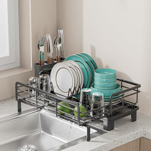 Small Dish Drying Rack - Extendable Dish Rack for Kitchen Counter, Rustproof Dish Drainers with Utensil Holder, Perfect for Apartments, RVs and Small Spaces,16.5" D x 7.5"-12.5" W x 6.5" H 8