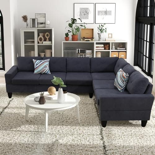 Wakefit 95.5” Reversible Sectional Sofa Couch, L Shaped Upholstered Couch Sofa with Chaise Lounge for Living Room, Breathable Fabric Corner Couch with 6 Seats & 2 Pillows, Dark Grey 7