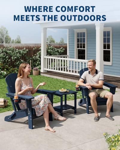 Folding Adirondack Chair Set of 2 with Side Table, All-Weather HDPE Outdoor Chair, Wooden Textured with Cup Holder for patios, Decks, Gardens, fire pits, Navy Blue 7