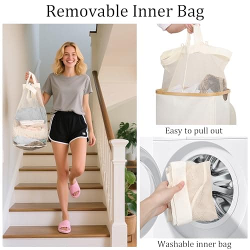 Laundry Hamper with Lid, 100L Clothes Hampers for Laundry with Bamboo Handles and A Removable Bag, Fordable laundry Basket with Lid for Bathroom, Bedroom, Dorm, Laundry Room 5