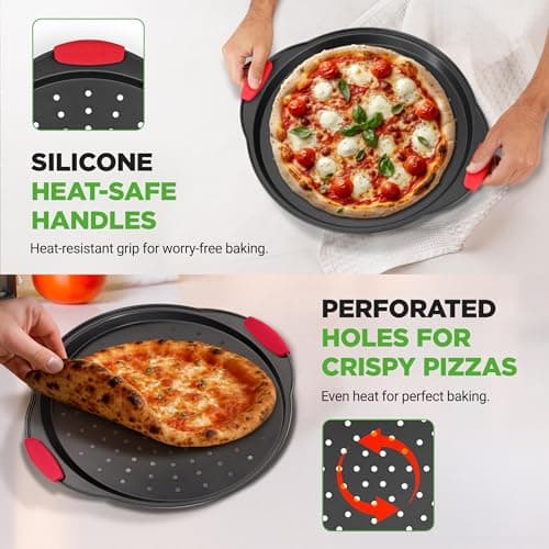 NutriChef 13-Inch Nonstick Pizza Tray - Round Carbon Steel Non-Stick Pizza Pan with Perforated Holes, Premium Bakeware Pizza Screen with Silicone Grip Handles, Dishwasher Safe - NCBPIZ1 8