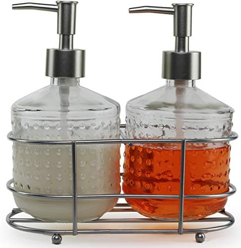 Circleware 32470 Dispenser Bottle Pumps in Metal Caddy with Brushed Finish Set of 2 Bathroom Accessories Home Decor for Essential Oils, Lotions, Liquid Soaps, 17.5 oz, Nickel Hobnail