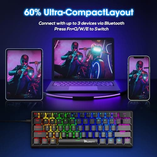 Pauroty 60% Wireless Mechanical Keyboard, Triple Mode 2.4G/USB-C/Bluetooth Gaming Keyboard, RGB Backlit, Clicky Blue Switch, 61 Keys Rechargeable Mini Wireless Keyboard for iPad Mac PC Xbox 6
