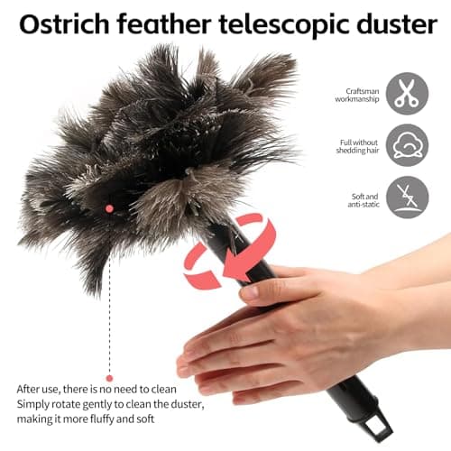 FeelfunFeather Retractable Feather Duster-Genuine Ostrich Feathers,Anti-Static,Reusable Eco-Friendly Handheld Cleaning for Keyboard,Home,Car,Office(10 to 15 Inches) 1 Pack 5