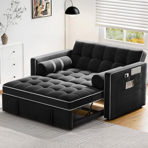 Pipishell 3 in 1 Convertible Sleeper Sofa Bed,Pull Out Couch for Living Room with USB Ports & Side Pockets,Adjustable Backrest,Velvet,Loveseat Sofa Bed,Futon Couches,Black 8