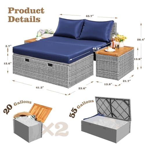 Flamaker Outdoor Rattan Lounge Chair with 2 Side Tables, Multifunctional Outdoor Patio Daybed with Footrest, Cushions, Storage Ottoman,Chaise Lounge Chair for Backyard Porch Poolside(Deep Blue) 5