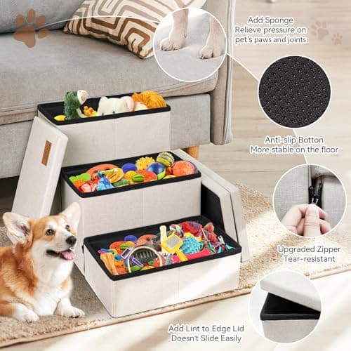 Zerbuger Dog Stairs with Storage 18" H, 3-Step Wider Dog Steps for Small/Medium/Large Old Dogs Cats, Folding Sturdy Pet Stairs Climbing Bed or Couch, Ramp for Car Up to 200 lbs (Beige, No Condo) 6