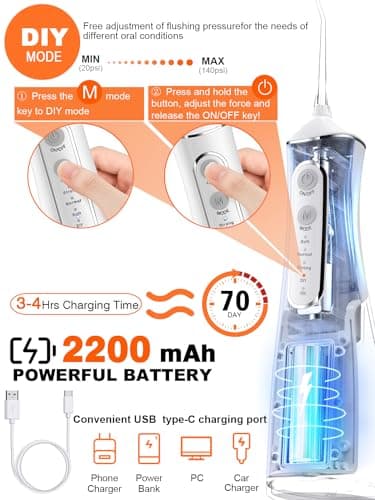 Water Dental Flosser Pick for Teeth: 4 Modes Cordless Portable 300ML Larger Tank Water Teeth Cleaner IPX7 Waterproof Flossing Cleaning Picks for Home Travel (White) (White) 5