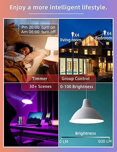 Dawwee WiFi Smart LED Light Bulb - Color Changing Bulbs App Control, 2.4Ghz Bluetooth Smart A19 Bulbs Music Sync, Magic RGB Light Bulb Compatible with Alexa and Google Assistant, E26 LED Bulb, 4 Pack 6