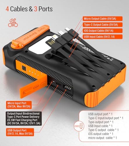 OOPOWEROO Solar Power Bank 20000mAh Built in Hand Crank and 4 Cables 22.5W Fast Charge Power Bank 5 Outputs & 5 Inputs Solar Portable Charger, SOS/Strobe/Strong Flashlights, Carabiner (Orange) 5