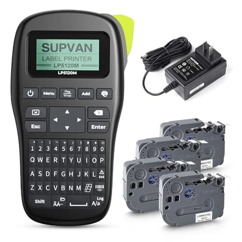 SUPVAN LP5120M Label Maker Machine Bundle (4 Tapes Included) with Keyboard & AC Adapter, Waterproof Thermal Transfer Label Printer with Ik+ Icons for Garage, Home, Office Organization