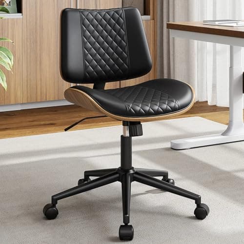 YaFiti Armless Office Chair, Mid Century Modern Desk Chair with Walnut Wood Back & SGS Level 3 Gas Lift, Swivel PU Leather Computer Chair for Small Space, Home Office, Bedroom, 300lbs Cap, Black