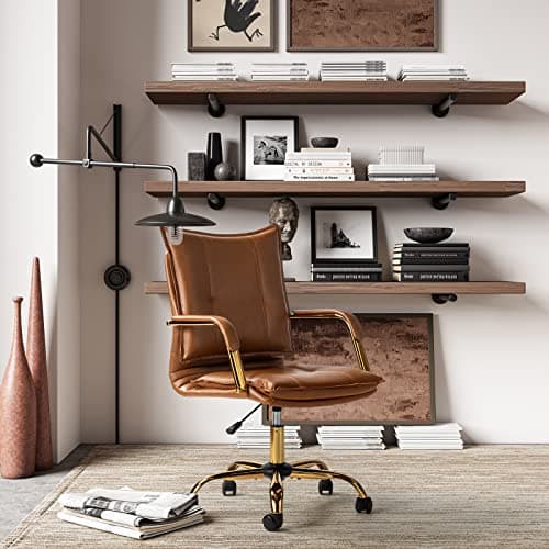 HULALA HOME Faux Leather Home Office Desk Chair, Adjustable Swivel Computer Chair with Golden Legs and Arms, Comfy Upholstered Task Chair,Camel 8