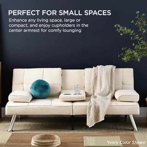 Best Choice Products Linen Modern Folding Futon, Reclining Sofa Bed for Apartment, Dorm w/Removable Armrests, 2 Cupholders - Black 8