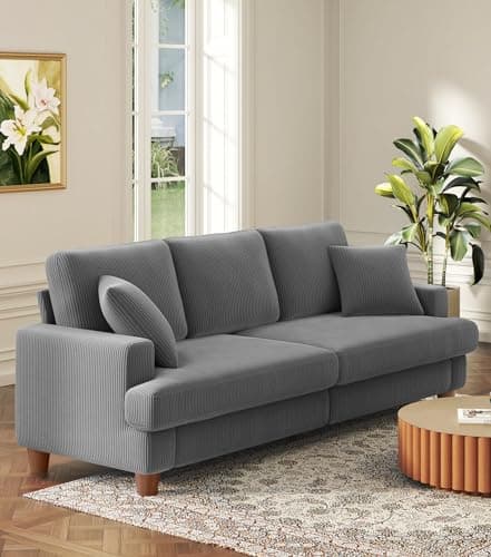 Kidirect 87in Grey Sofa, Couches for Living Room 21in Extra Deep Seats, Comfy Corduroy Sofas for Living Room No Tool Assembly, Modern Oversized Love Seat with 2 Pillows, Sofa Couch for Bedroom