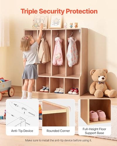 VEVOR 4-Section Coat Locker with Bench, Kids Lockers with 8 Hooks & Non-Slip Mat, Classroom Cubbies for Daycare, Home, Kindergarten- Natural 6