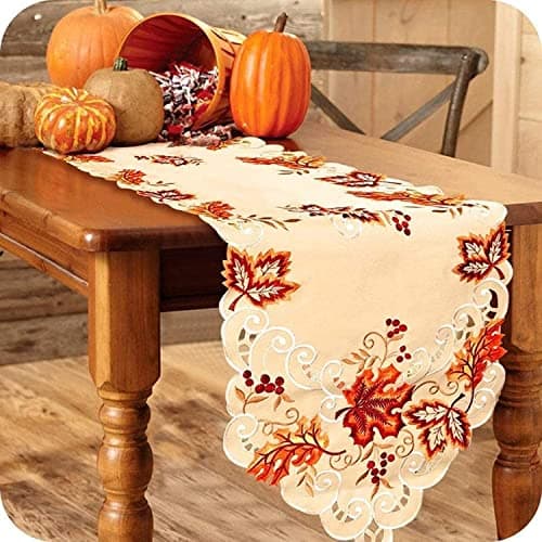OurWarm Fall Table Runner, Maple Leaves Thanksgiving Table Runner 15 x 67 Inch, Embroidered Autumn Harvest Table Linen Decor for Fall Thanksgiving Decorations