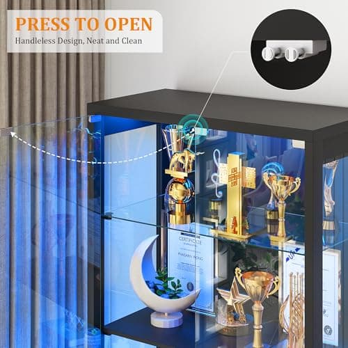 TAGELIER 67" Tall Display Cabinet with Glass Doors and 2 Drawers, Adjustable Glass Height Bookcase, Curio Cabinet with 3 LED Lights and Human Body Sensor (Black) 6