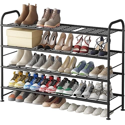 LINZINAR Shoe Rack Long 4 Tier Shoe Storage Organizer Metal Wide Shoe Shelf for Closet Entryway Bedroom 24 Paris Large Capacity, Gold Black