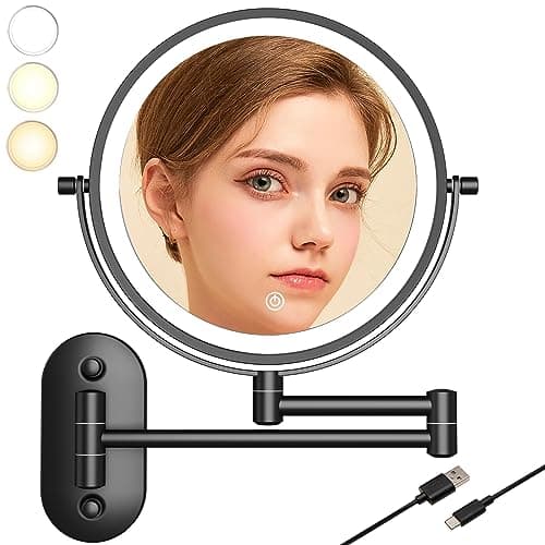 8“Wall Mounted Makeup Mirror With Lights, 10x Magnifying Mirror Wall Mount for Vanity, Bathroom and Shaving, Rechargeable Wall Mounted Makeup Mirror Swing Arm with Adjustable Brightness (Black-10X)