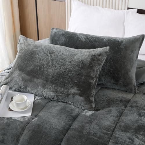 YIYEA Faux Fur Pillow Cases Standard Size Set of 2, Luxury Ultra Soft Fuzzy Pillowcases, Fluffy Plush Velvet Pillow Covers with Zipper, Cozy Warmth and No Shedding, 20 x 26, Dark Gray