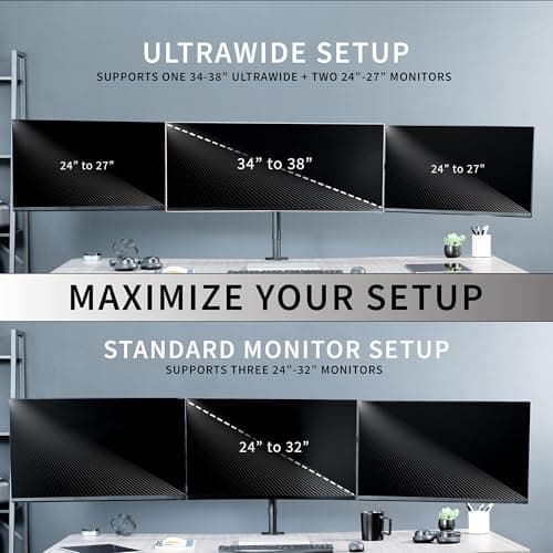 VIVO Premium Triple Monitor Desk Mount for 3 Screens up to 22 lbs, Fits up to 38 inch Ultrawides on Center Bracket, Adjustable Telescoping Arms, Flush Wall Setup, Black, STAND-TS03C 7