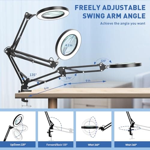 HITTI 10X Magnifying Glass with Light, 1,800 Lumens Stepless Dimmable, 3 Color Modes, 4.2″ Real Glass Lens LED Desk Lamp & Clamp, Magnifier Light and Stand for Crafts, Soldering, Fly Tying, Close Work 8