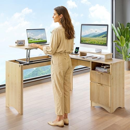 Bestier L Shaped Desk with Lift Desktop, 55 inch Corner Desk with Fluted Panel Deisgn Drawers, Modern Office Desk with File Drawer (Natual Oak, 55'' x 55'' Lift Top) 7