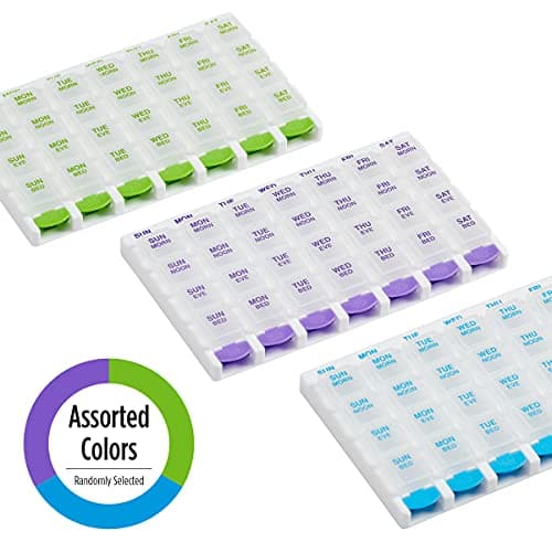 EZY DOSE Weekly (7-Day) Daily Pill Case, Medicine Planner, Vitamin Organizer Container, 4 Times a Day, Small Removable Compartments, Covenient and Easy to Use, Color May Vary, Clear Lids, BPA Free 6